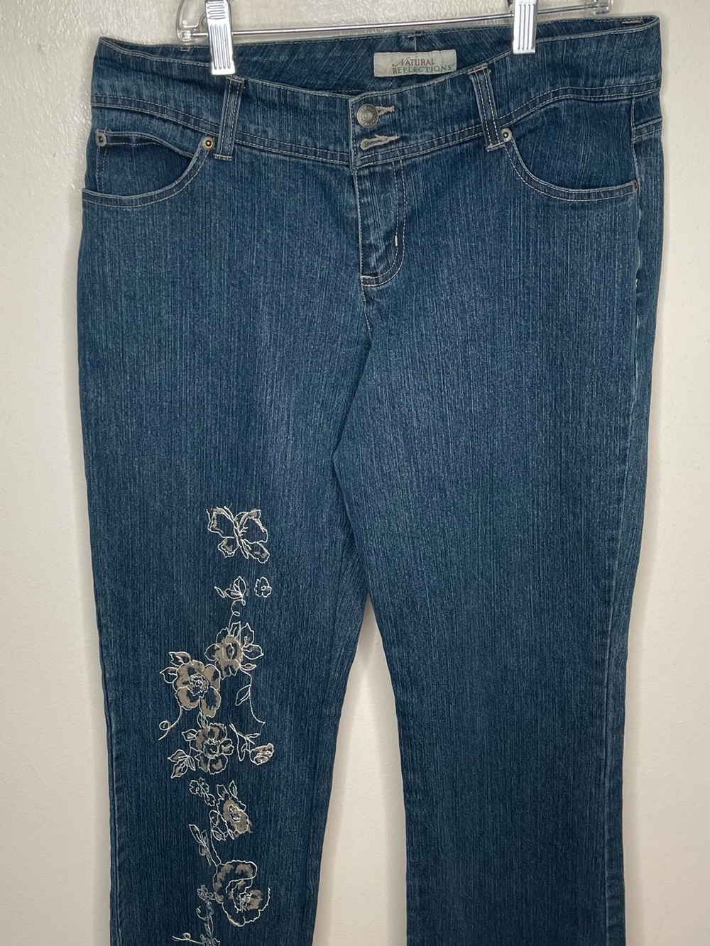 Natural Reflections Dark Blue Straight Leg Jeans with Floral Embroidery